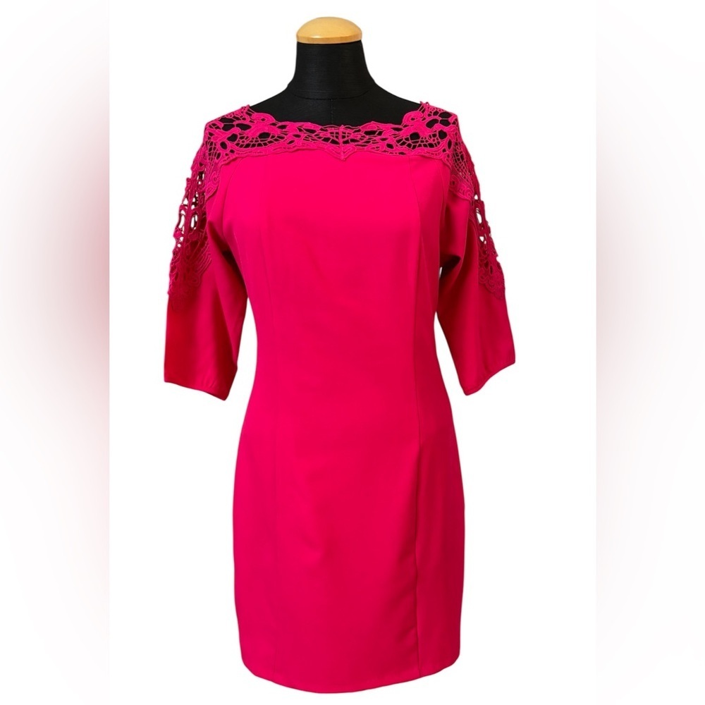 Esley Boho Fuchsia Pink Raspberry Lace Crochet Neckline Sheath Dress Size S - Picture 2 of 12